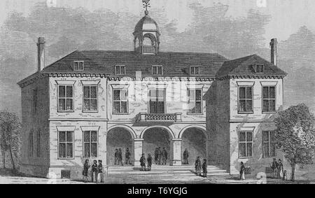 Gravur der Federal Hall, Rathaus in der Wall Street, New York City, New York, 1800. Von der New York Public Library. () Stockfoto