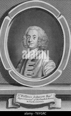 Graviert Portrait von Sir William Johnson, 1st Baronet, einem irischen Beamter des Britischen Empire aus der Grafschaft Meath, Irland, 1750. Von der New York Public Library. () Stockfoto