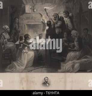 Gravur der Emanzipation Verkündigung, die Executive Order von Präsident der Vereinigten Staaten Abraham Lincoln, Änderung des rechtlichen Status der Versklavten afrikanische Amerikaner von Slave zu kostenlos, 1863. Von der New York Public Library. () Stockfoto