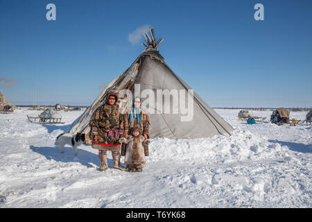 Russland, der Jamal-nenzen Autonome Region, Halbinsel Yamal. Typische nomadenfamilie vor der traditionellen Rentier ausblenden Zelt aka Chum. Stockfoto