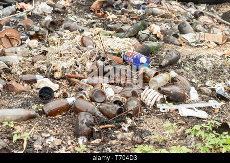 Bier Flaschen, Müll, der im Allgemeinen auf der Seite der Straße in Yucatan, Mexiko. Stockfoto