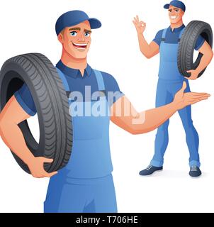 Automechaniker Auto Service Mann, Reifen. Vector Illustration. Stock Vektor