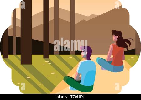 Paar Betrachtung Horizont im Wald Szene Vector Illustration Design Stock Vektor