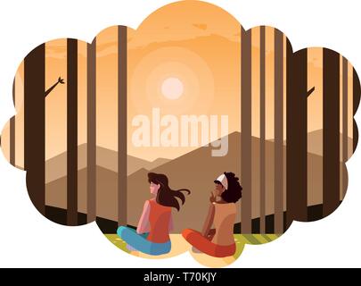 Frauen paar Betrachtung Horizont im Wald Szene Vector Illustration Design Stock Vektor