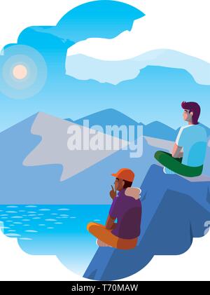 Männer paar Betrachtung Horizont in See und Berge Szene Vector Illustration Stock Vektor