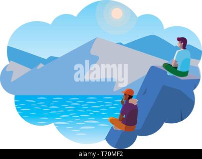 Männer paar Betrachtung Horizont in See und Berge Szene Vector Illustration Stock Vektor