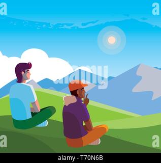 Interracial Männer betrachten den Horizont im Bereich Szene Vector Illustration Stock Vektor