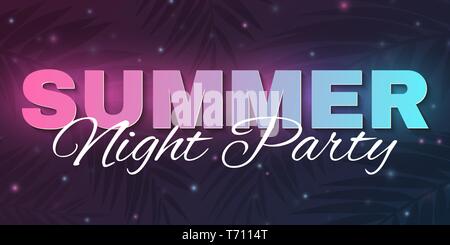 Banner für Summer Party. Abstrakte leuchtende Neon text Banner mit fliegenden leuchtende Teilchen. Der dunkle Hintergrund mit Palmen. Dance Night Party. Moderne Stock Vektor