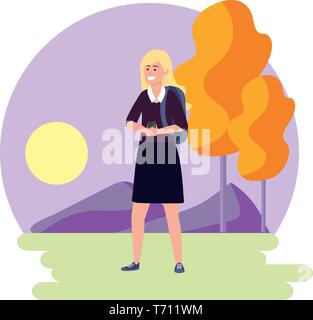 Tausendjährige student blonde Frau tragen Sie ihr Smartphone sms draußen bunte Natur Hintergrund mit Bäumen Frame Vector Illustration grafik design Rock Stock Vektor