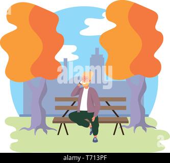 Tausendjährigen blond bärtigen Mann mit Jacke sitzen auf einer Parkbank mit Smartphone im freien Hintergrund mit bunten Bäumen Frame Vector Illustration graphic design Stock Vektor