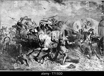 Gravur der Sioux Indianer Angriff auf einen Waggon Zug der Emigranten, die aus dem Buch "Eine beliebte Geschichte der Vereinigten Staaten von Amerika, von den frühen bis in die Gegenwart" von John Clark Ridpath, 1893. Mit freundlicher Genehmigung Internet Archive. () Stockfoto