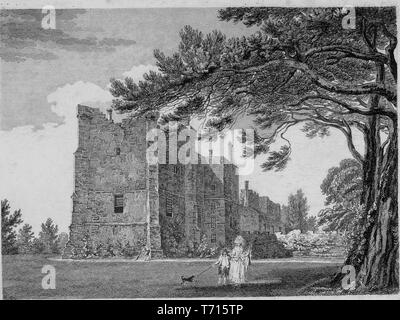 Gravur der Brancepeth Schloss in Durham, England, aus dem Buch "Antiquitäten von Großbritannien" von William Byrne und Thomas Hearne, 1825. Mit freundlicher Genehmigung Internet Archive. () Stockfoto