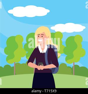 Tausendjährige student blonde Frau tragen Sie ihr Smartphone sms im freien Hintergrund mit Bäumen, Gras und Büschen portrait Vector Illustration grafik design Pullover Stock Vektor