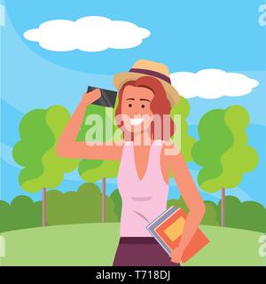 Tausendjährige student rothaarige Frau mit Hut holding Buch wohnungsbaufoerderung Smartphone unter selfie im freien Hintergrund mit Bäumen, Gras und Büschen portrait Vector Illustration graphic design Stock Vektor