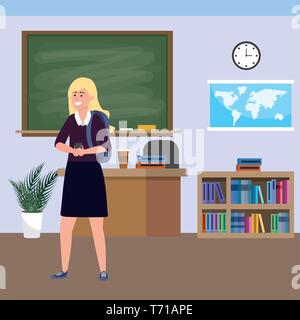 Tausendjährige student blonde Frau tragen Sie ihr Smartphone im Innenbereich Klassenzimmer Hintergrund mit blackboard Karte Wecker und bookstand Vector Illustration grafik design Rock Stock Vektor