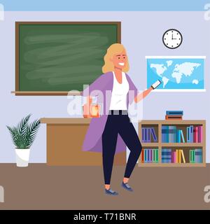 Tausendjährige student blonde Frau tragen Kimonos und halten Sie Ihr Smartphone im Innenbereich Klassenzimmer Hintergrund mit blackboard Karte Wecker und bookstand Vector Illustration graphic design Buch Stock Vektor