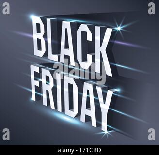 Dark Banner für Black Friday sale. Metallische isometrische Text helle Anschlagtafel auf schwarzen Hintergrund mit Neonlicht. Stock Vektor