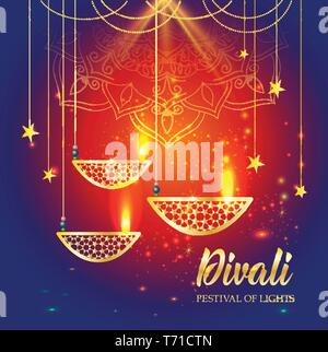 Happy Diwali Festival der Lichter. Retro Öl gold Lampe auf Hintergrund Nachthimmel. Stock Vektor