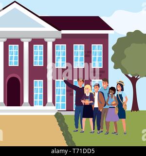Tausendjährige Studenten Gruppe Männer und Frauen tragen Pullover Röcke tragen Sie Ihr Smartphone unter selfie auf dem Campus Hintergrund Vector Illustration graphic design Stock Vektor