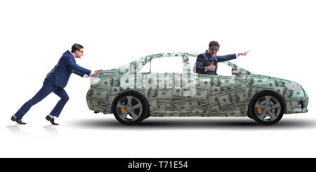 Geschäftsmann drücken Auto in Business Konzept Stockfoto