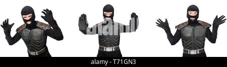 Junge lustige Mann in Rüstung Anzug Stockfoto