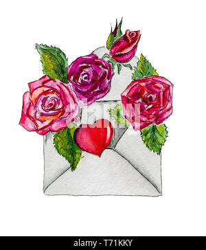 Umschlag mit Burgund Rosen und ein Herz. Stockfoto