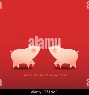 Frohes Neues Jahr 2019. Das chinesische Neujahr Konzept, das Jahr des Schweins. Grußkarte mit niedlichen zwei Schweine und Text Happy Chinese New Year Stock Vektor
