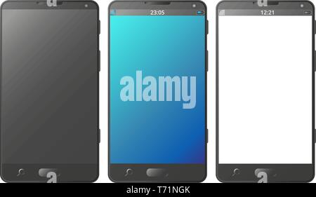 Handy, Smartphone mit schwarzen, blauen und transparenten Bildschirm mit Farbverläufen und transparenten Hintergrund isoliert, Vektor Stock Vektor