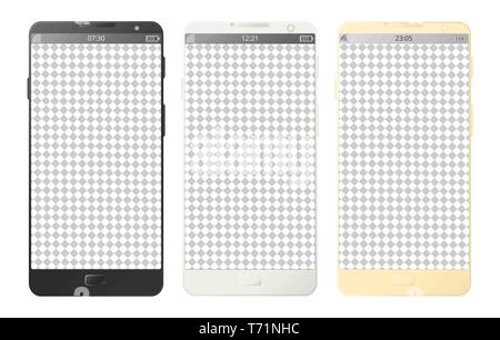 Vektor Mobiltelefone, Smartphones mit Tasten mit transparenten Bildschirm auf weißem Hintergrund. Digitale Geräte in Schwarz, Weiß und Gold colo eingestellt Stock Vektor