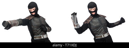 Junge lustige Mann in Rüstung Anzug Stockfoto