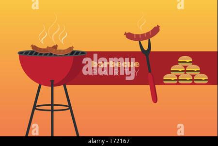 Bbq party red Wasserkocher Barbecue mit Wurst und Burger Vektor-illustration EPS 10. Stock Vektor