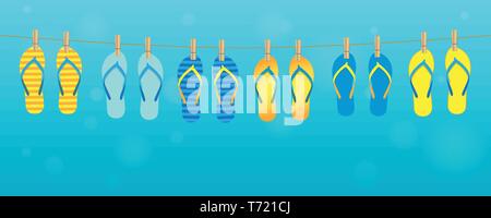 Bunte Muster flip flops hängend an einem Seil auf Türkisfarbenem Hintergrund Sommerurlaub design Vector Illustration EPS 10. Stock Vektor