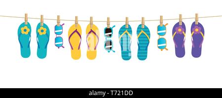 Bunte Muster Flip Flops und Sonnenbrille hängend an einem Seil auf weißem Hintergrund Sommerurlaub design Vector Illustration EPS 10. Stock Vektor