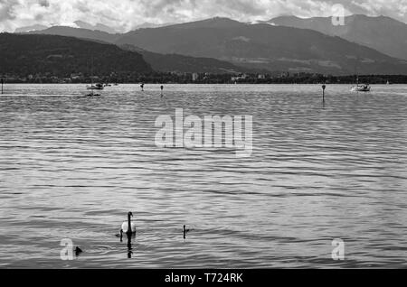 Blick über den Bodensee in Richtung Österreich aus Lindau im Bodensee, Bayern, Deutschland, Europa. Stockfoto