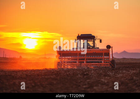 Bauer mit Traktor säen ernten am Feld auf Sonnenuntergang Stockfoto