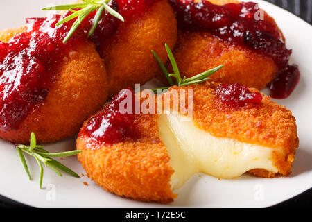 Gourmet Aperitif Camembert in serviert Panieren mit Preiselbeersoße und Rosmarin close-up auf einem Teller auf den Tisch. Horizontale Stockfoto