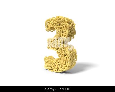 Nudeln in Form von Nummer 3. curly Spaghetti zu kochen. 3D-Darstellung Stockfoto