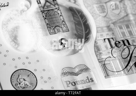 Nah-, Makro Foto von Stück von £ 10 Banknote. Zehn Pfund Sterling. Stockfoto