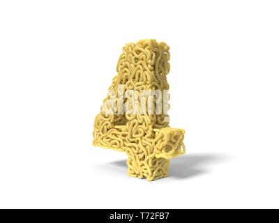 Nudeln in Form von Nummer 4. curly Spaghetti zu kochen. 3D-Darstellung Stockfoto