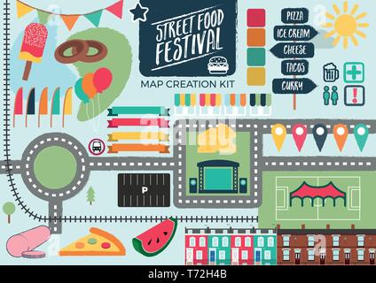 Street Food Festival Vector Map Creation Kit Stock Vektor