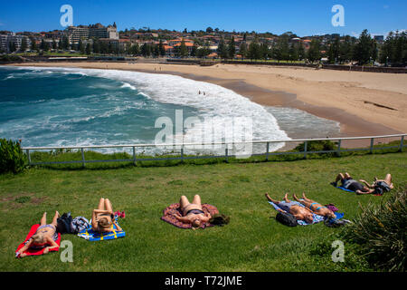 Der Bondi beach Coogee Walk ist ein Spaziergang entlang der Küste in Sydney, New South Wales, Australien. Sonnenbad in Coogee Beach Delfine und Giles Bäder Stockfoto