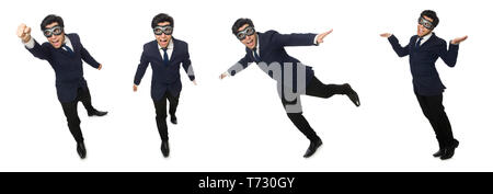 Lustiger Mann tragen Schutzbrille isoliert auf weißem Stockfoto