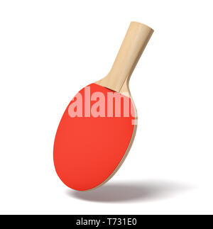 3D-Rendering von Ping pong Schläger mit Griff aus Holz und Gummi Rot auf weißem Hintergrund. Stockfoto