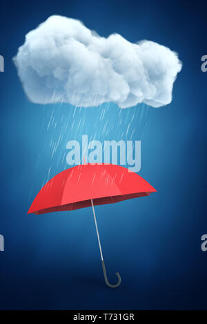 3D-Rendering der rote Regenschirm unter regnerischen weiße Wolke auf blauem Hintergrund Stockfoto