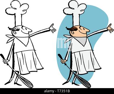 Ein Chef in einen Hut und eine Schürze mit einem Spachtel. Stock Vektor