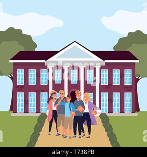Tausendjährige Studenten Gruppe blonde Männer und Sie Ihr Smartphone unter selfie auf dem Campus Hintergrund Vector Illustration grafik design Frau Stock Vektor