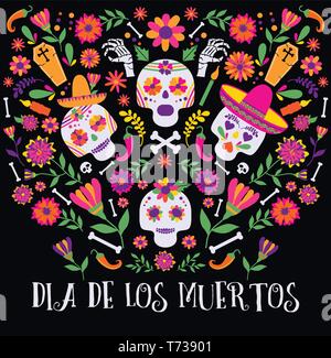 Tag der Toten, Dia de los moertos, Banner mit bunten Mexikanischen Blumen. Stock Vektor