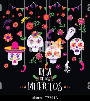 Tag der Toten, Dia de los Muertos, Banner mit bunten Mexikanischen Blumen und Symbole. Stock Vektor