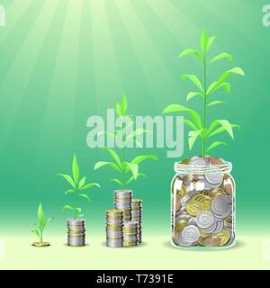 Münzen Stapeln mit einem wachsenden Pflanzen auf der Oberseite. Stock Vektor