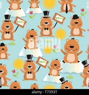 Happy Groundhog Day design nahtlose Muster mit murmeltieren Stock Vektor